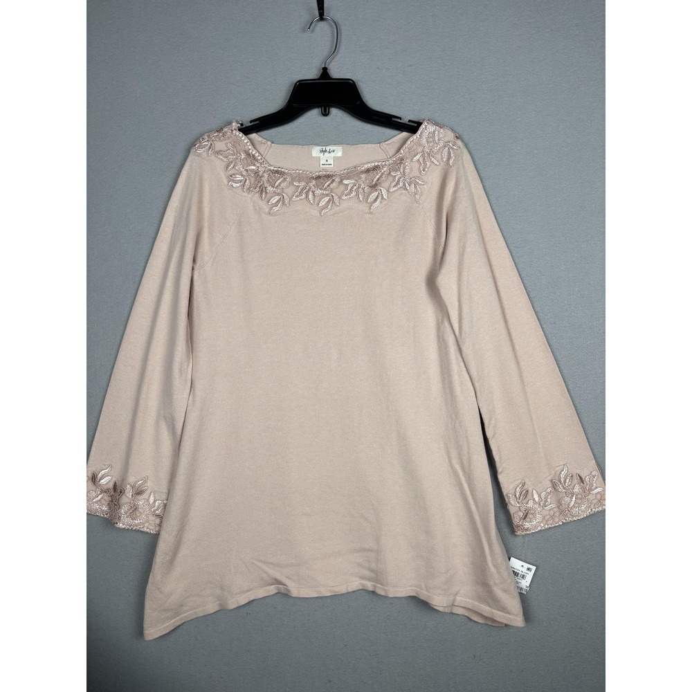 Style & Co Sweater Womens Small Peony Blush Embroidered Floral Boat Neck Tunic